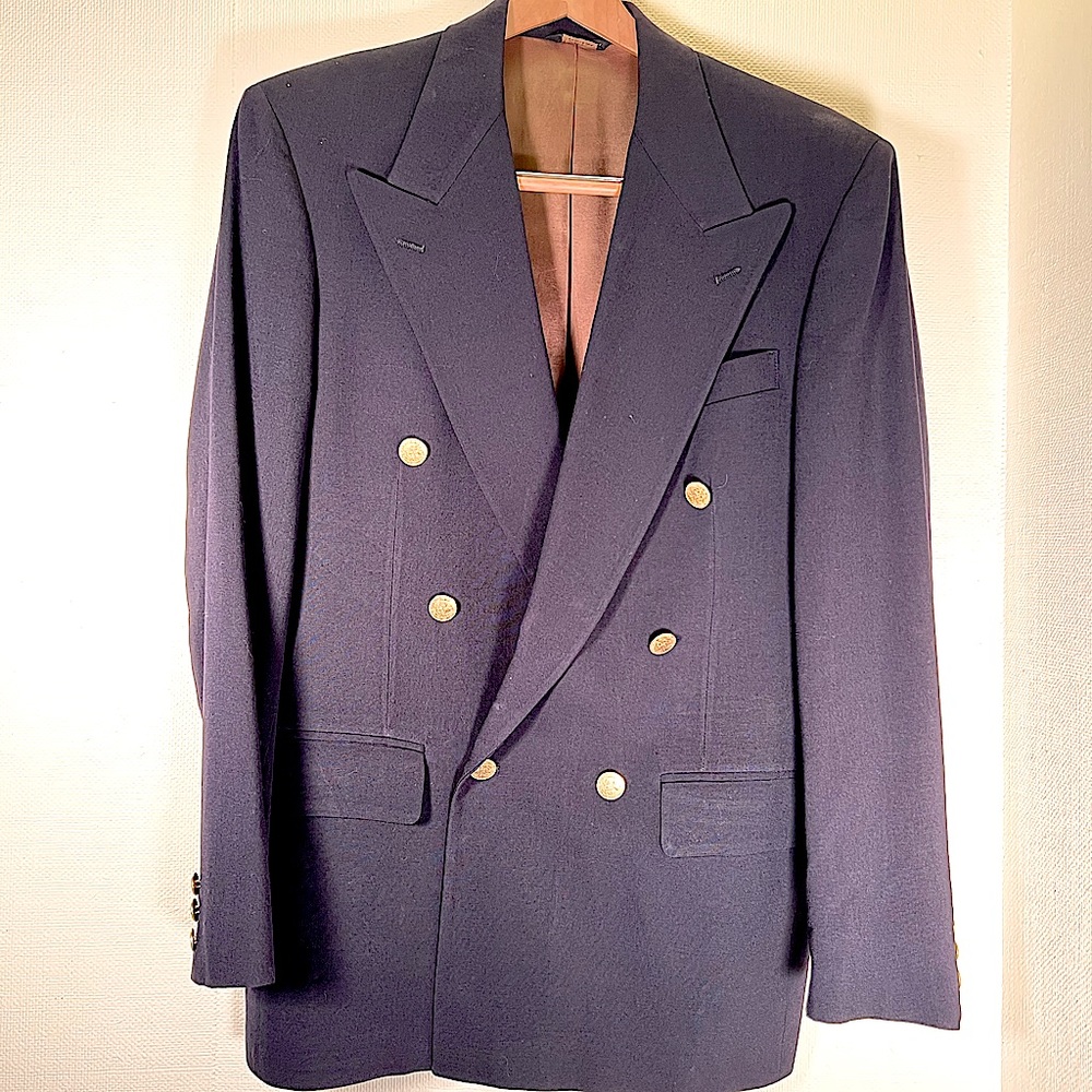Miltons 100% wool double breasted blazer. Navy, gold buttons, brown interior.